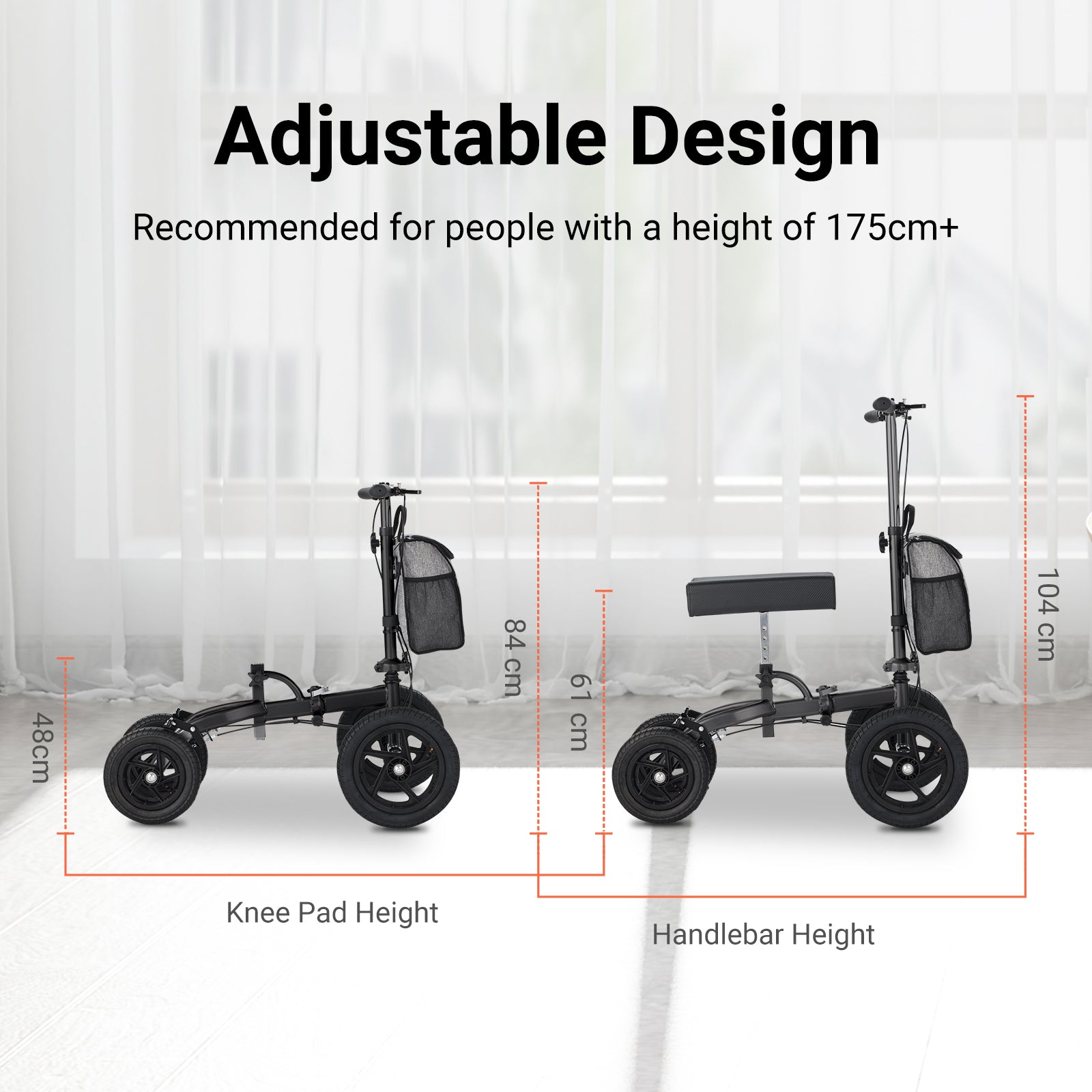 Knee scooter with adjustable design features and measurements on a white background
