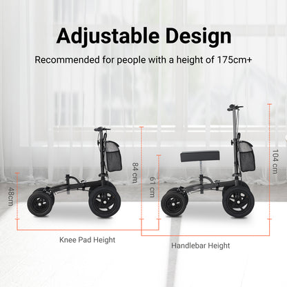 Knee scooter with adjustable design features and measurements on a white background