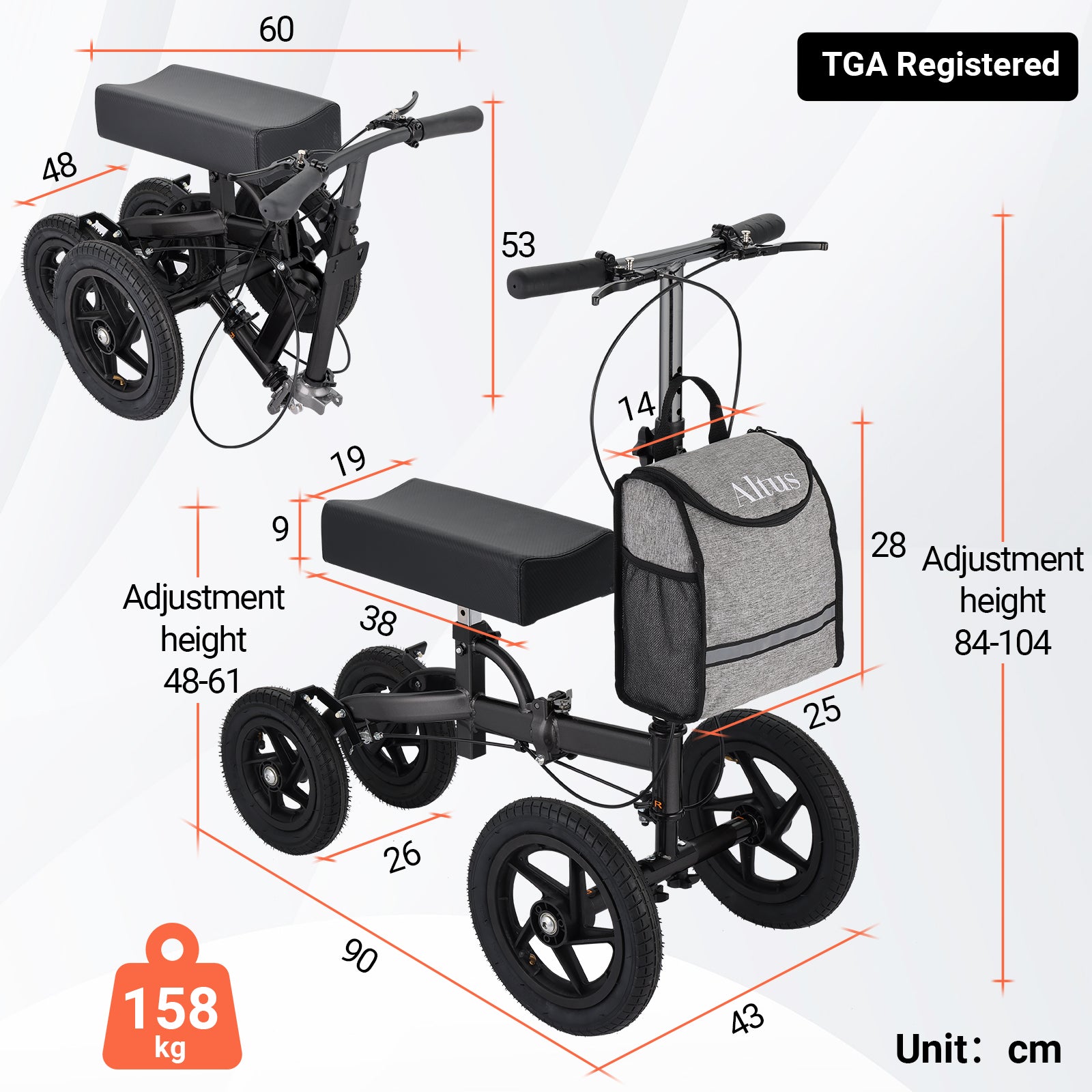 Knee scooter with dimensions and weight information on a white background