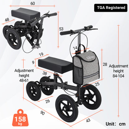 Knee scooter with dimensions and weight information on a white background