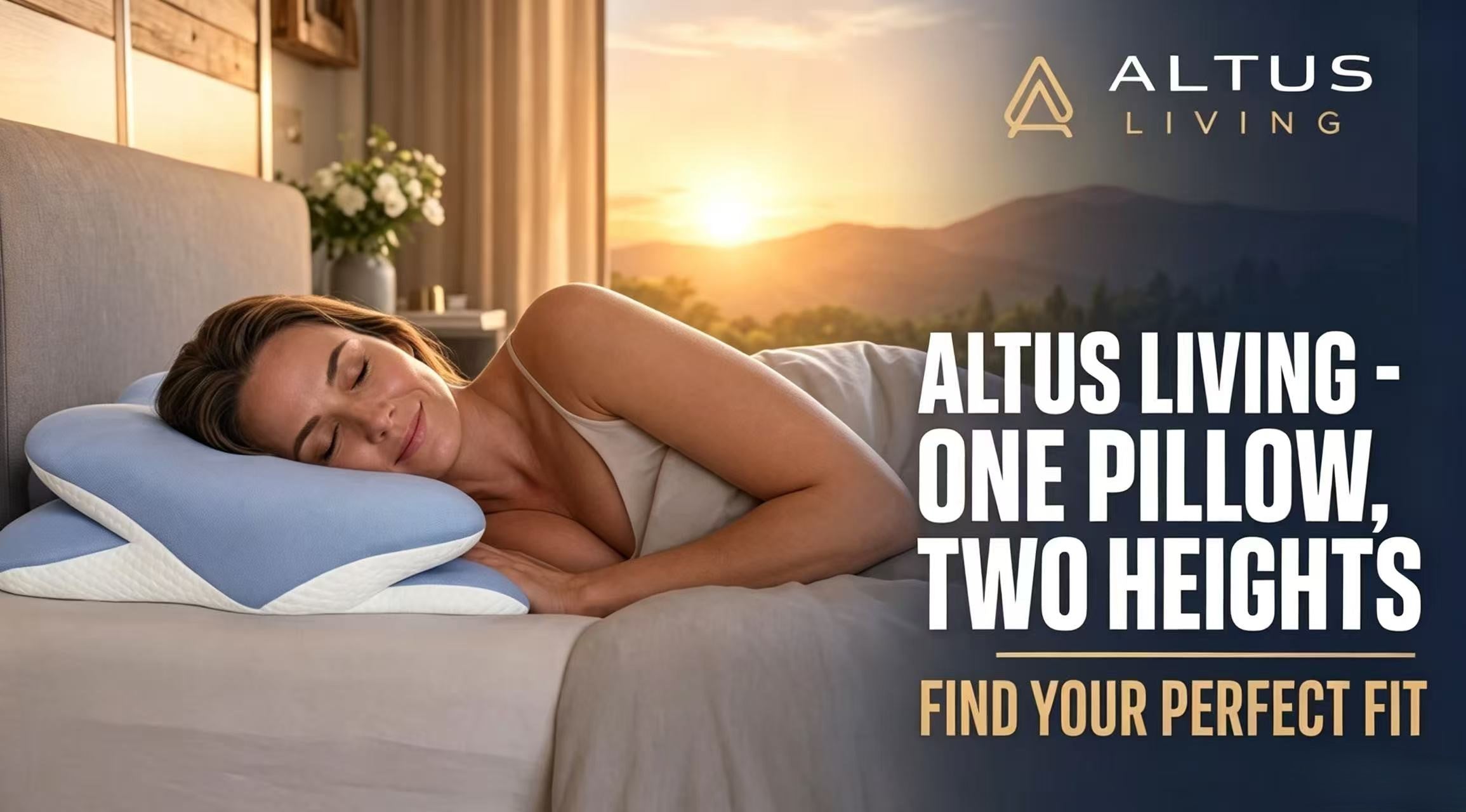 A woman sleeping peacefully on a two-height Altus Living pillow in a bedroom setting with a sunset view in the background. The image features promotional text for 'Altus Living - One Pillow, Two Heights' and includes the brand logo in the top right corner.