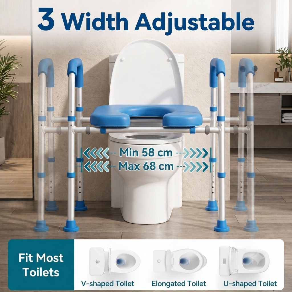 "Frame Width Adjustment Guide
Width adjustment diagram showing the Altus raised toilet seat width adjustable mechanism from sixty five to seventy four centimeters with three levels to fit v shaped elongated and u shaped toilet bowls"
