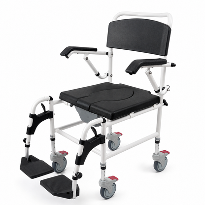 "* **Image 1: Product Studio Main View**
 Altus Transit Shower Commode on white background showcasing the premium transfer wheelchair design with black PU seat, flip-up armrests, and rolling wheels."