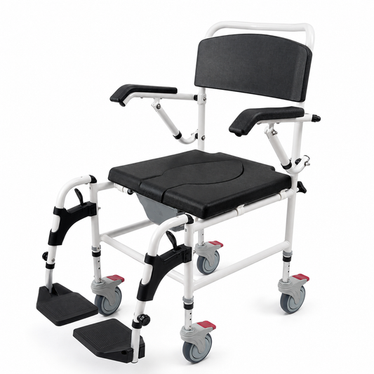 "* **Image 1: Product Studio Main View**
 Altus Transit Shower Commode on white background showcasing the premium transfer wheelchair design with black PU seat, flip-up armrests, and rolling wheels."