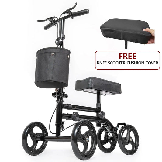 Knee Scooter with Free Cushion Cover: Showcases the knee scooter equipped with a comfortable knee pad and a complimentary cushion cover. The image emphasizes the scooter’s storage basket and adjustable features.