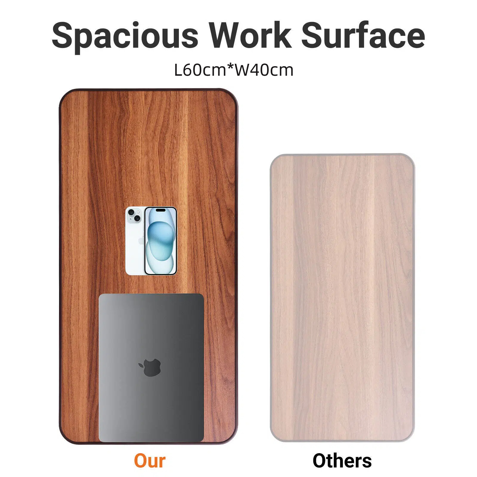 A product comparison graphic showing two rectangular wood-look desk mats or phone skin panels on a white background. The left panel, labeled 'Our', has a medium brown wood grain finish and includes a phone and laptop mockup to demonstrate use.