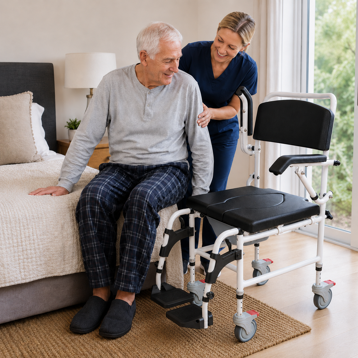 "* **Image 2: Bedside Patient Transfer Scene**
  Female caregiver assisting an elderly man from bed to the Altus Transit Shower Commode, demonstrating seamless side transfer and home mobility support."
