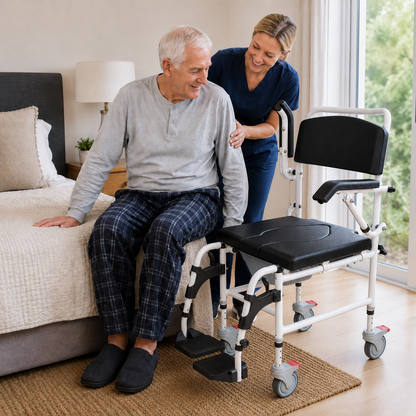 "* **Image 2: Bedside Patient Transfer Scene**
  Female caregiver assisting an elderly man from bed to the Altus Transit Shower Commode, demonstrating seamless side transfer and home mobility support."