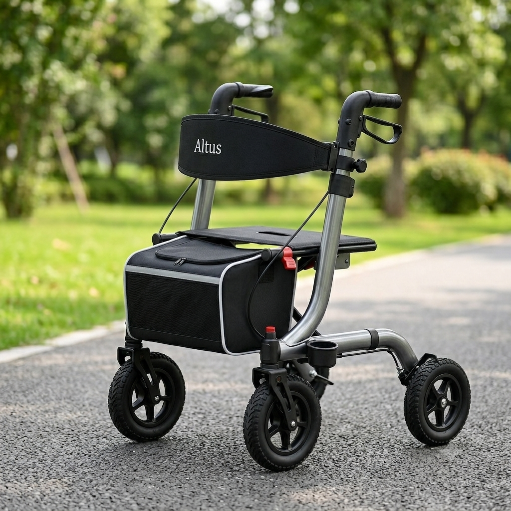 Altus rollator walker with a black storage bag, shown on a paved path in a park setting.