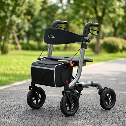 Altus rollator walker with a black storage bag, shown on a paved path in a park setting.