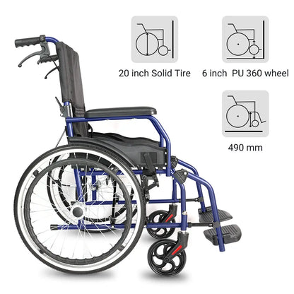 Side view of the wheelchair highlighting the solid tires and small wheels.