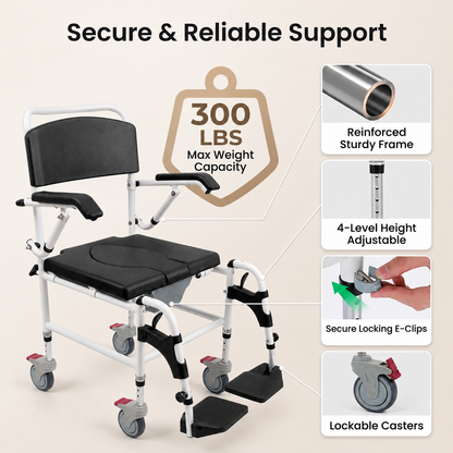 "* **Image 3: Reinforced Frame and Weight Capacity**
  Infographic highlighting the Altus Transit Shower Commode heavy-duty reinforced frame supporting up to 136kg (300 lbs) with height-adjustable settings."