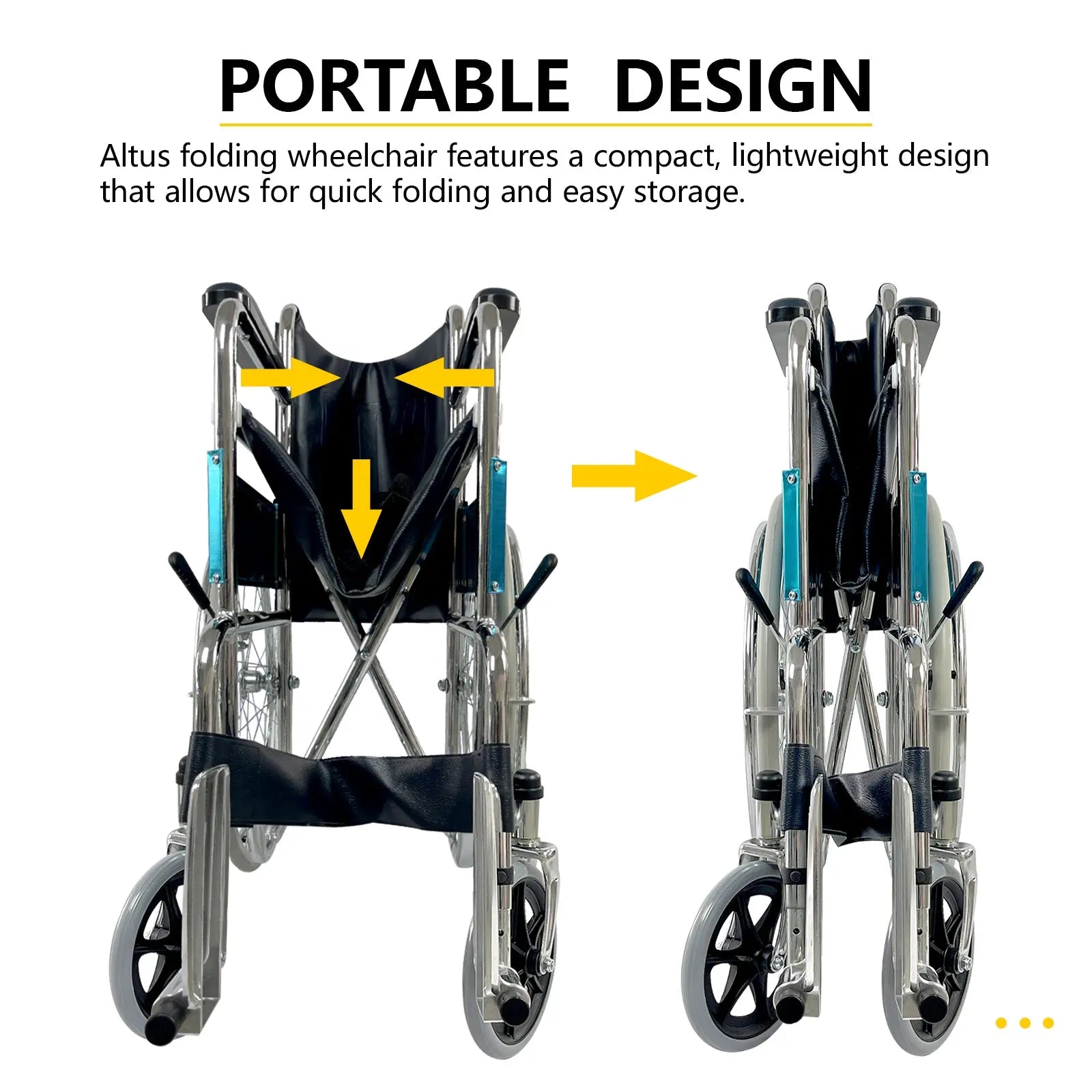 The wheelchair is shown folded, emphasizing its compact, portable design.