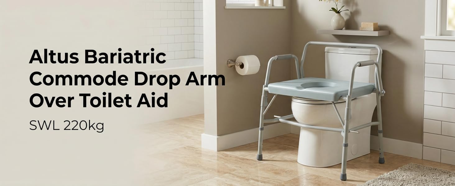 Bariatric commode drop arm over toilet aid in a bathroom setting
