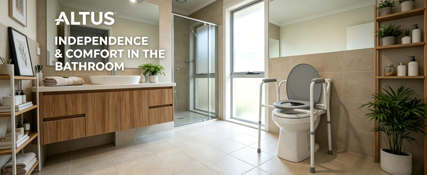 Bathroom with a toilet and walker, featuring the brand 'Altus'.