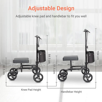 Adjustable Design: Provides a clear view of the knee scooter's adjustable features, specifically the knee pad and handlebar height, demonstrating its adaptability to different user heights for comfort and efficiency.