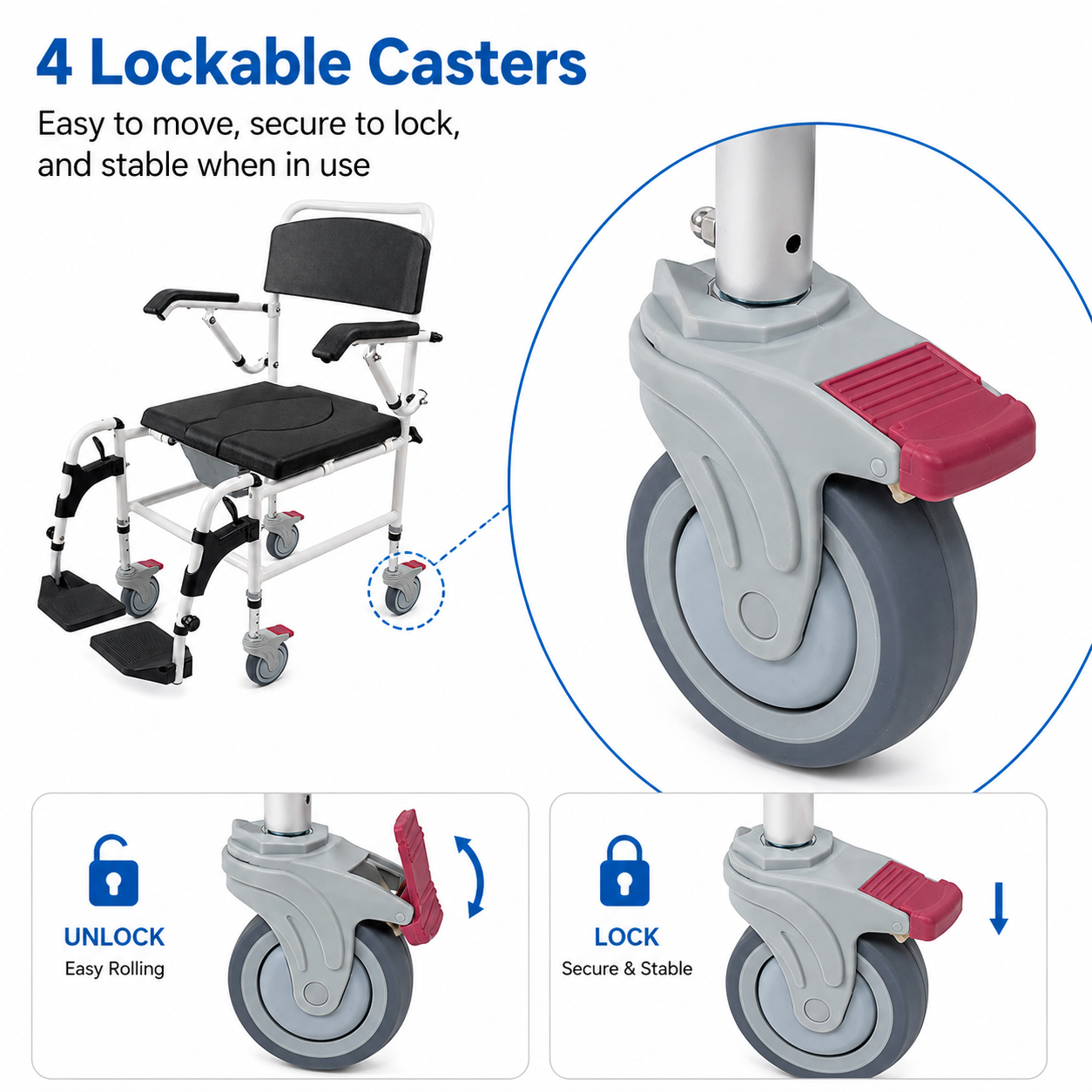 "* **Image 4: Four Lockable Caster Wheels**
  Safety diagram showcasing the Altus Transit Shower Commode 4 lockable castor wheels with easy lock and unlock brakes for bathroom stability."