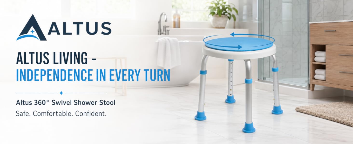 Shower stool with blue seat in a bathroom setting, featuring the Altus Living brand.