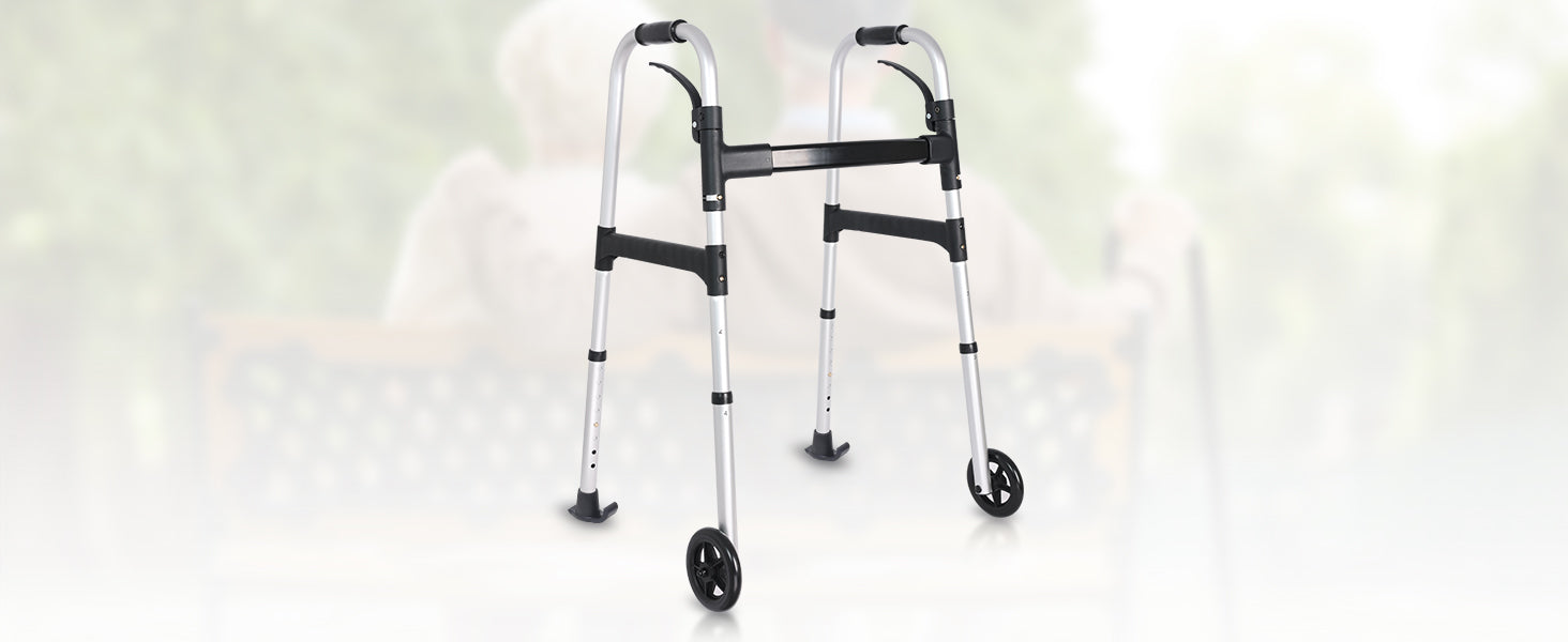 Walker with four wheels on a light background