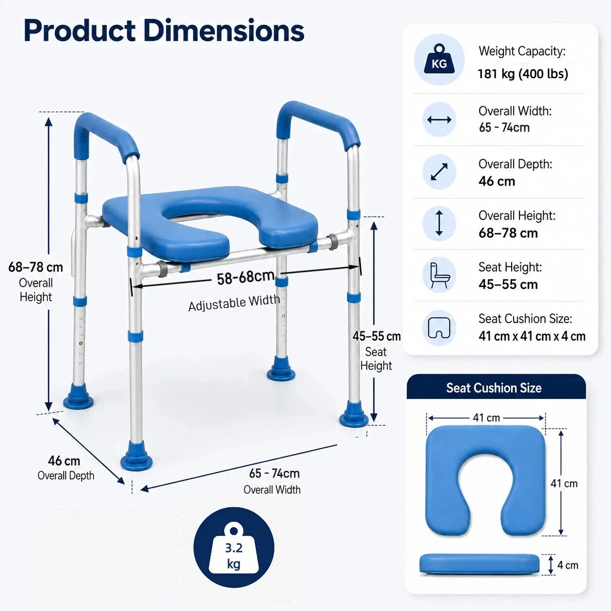 "Full Dimensions and Specifications
Technical specification diagram for the Altus raised toilet seat width adjustable frame displaying full dimensions weight capacity and padding measurements for perfect bathroom fitting"