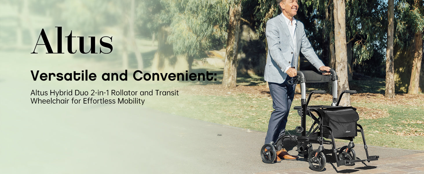 Man using Altus hybrid rollator and wheelchair in a park setting