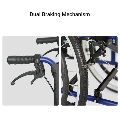 Close-up of the dual braking mechanism, showing the hand brake and wheel brake.