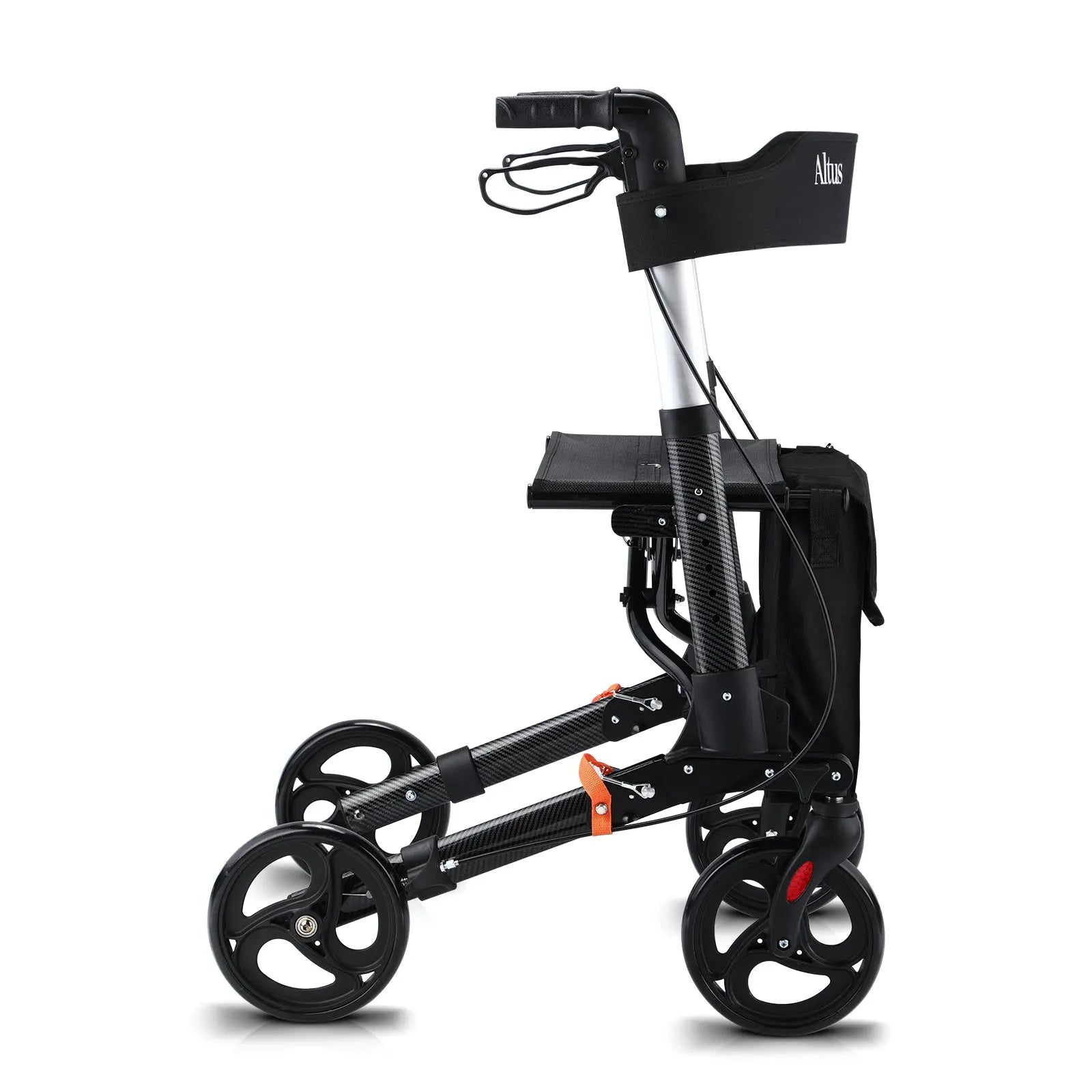 Altus Euro Style Mobility Rollator Walking Frame with Seat Back Bag X-Fold Alloy Frame Carbon Fiber Style Black myaltus