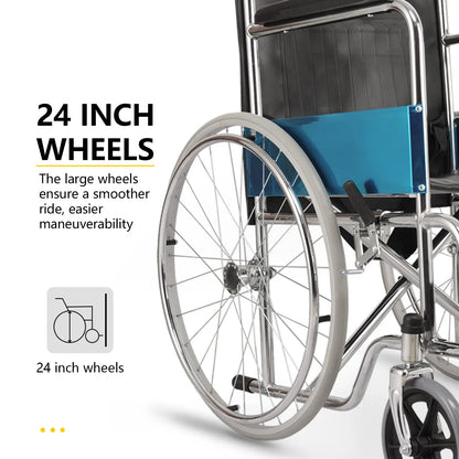 A close-up of the wheelchair’s 24-inch wheels, highlighting the smooth ride and maneuverability.