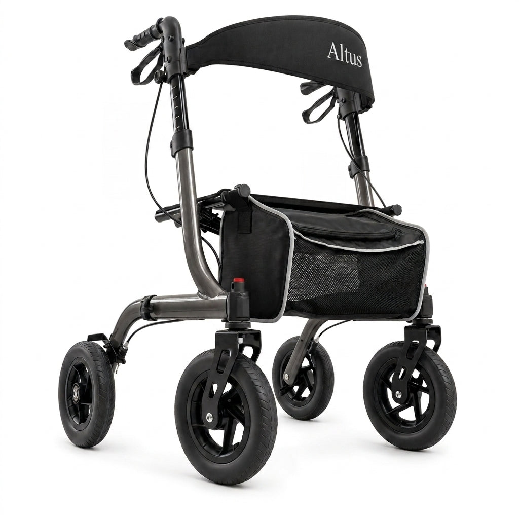 A black and gray Altus rollator walker with four wheels, a storage basket, and a padded backrest, shown on a white background.