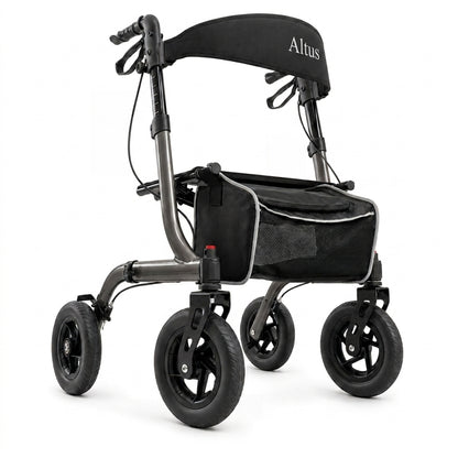 A black and gray Altus rollator walker with four wheels, a storage basket, and a padded backrest, shown on a white background.