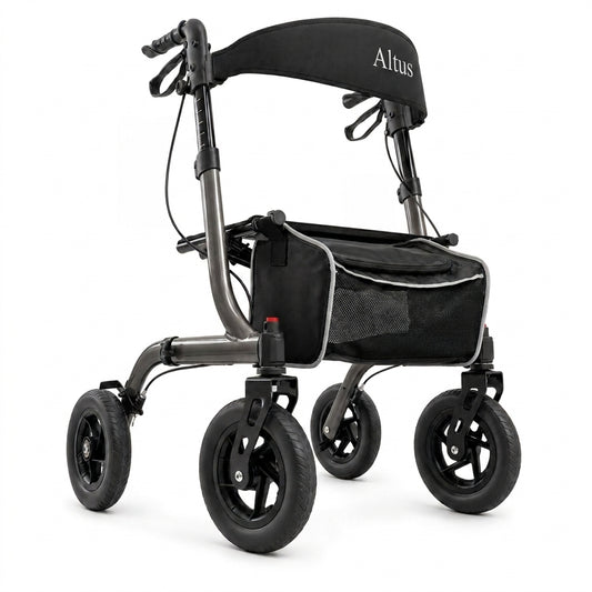 A black and gray Altus rollator walker with four wheels, a storage basket, and a padded backrest, shown on a white background.