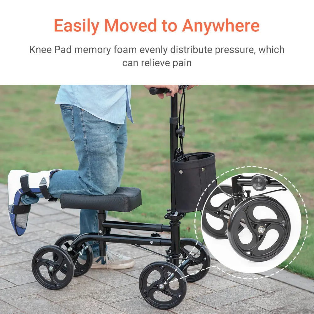 Depicts a man using the knee scooter outdoors, illustrating its practicality in everyday situations, providing mobility support for users with lower limb issues.