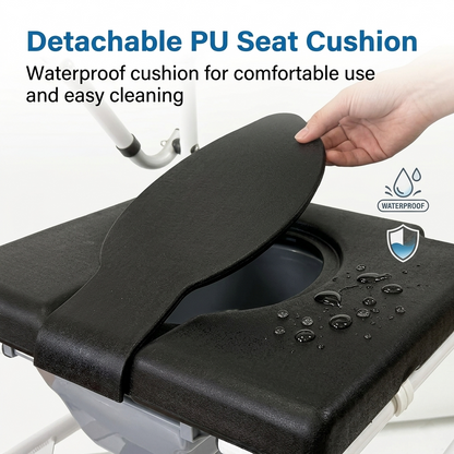 "* **Image 5: Detachable Waterproof PU Cushion**
  Close-up view showing a hand removing the detachable waterproof PU seat cushion from the Altus Transit Shower Commode for quick deep cleaning."