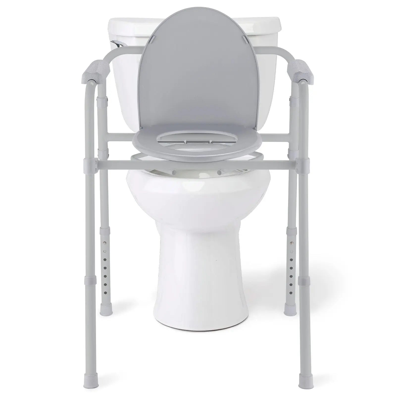 Commode Chair Fitted Over Standard Toilet: The commode chair placed over a regular toilet, illustrating its adaptability and use in a bathroom setting.