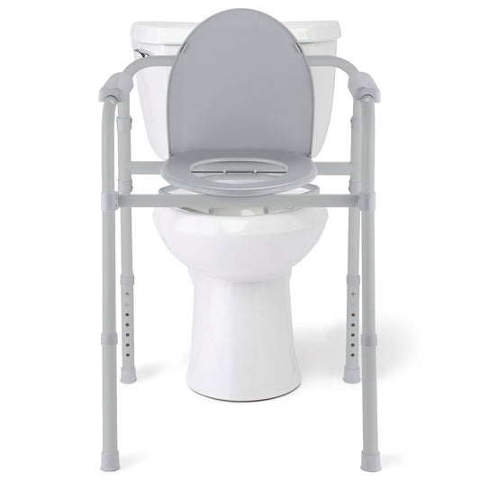 Commode Chair Fitted Over Standard Toilet: The commode chair placed over a regular toilet, illustrating its adaptability and use in a bathroom setting.