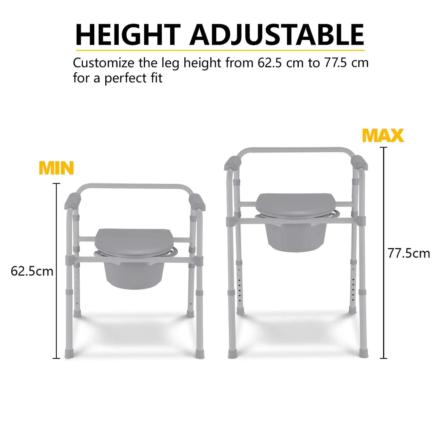 Height Adjustment Feature of Commode Chair: Image displaying the minimum and maximum height settings of a commode chair with a scale showing measurements.