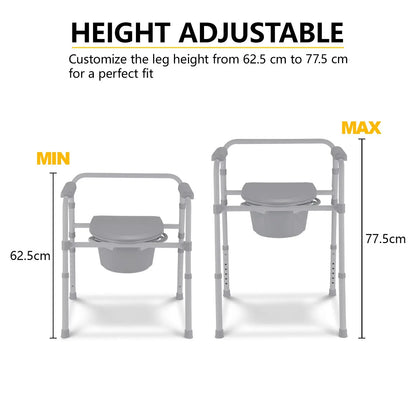 Height Adjustment Feature of Commode Chair: Image displaying the minimum and maximum height settings of a commode chair with a scale showing measurements.