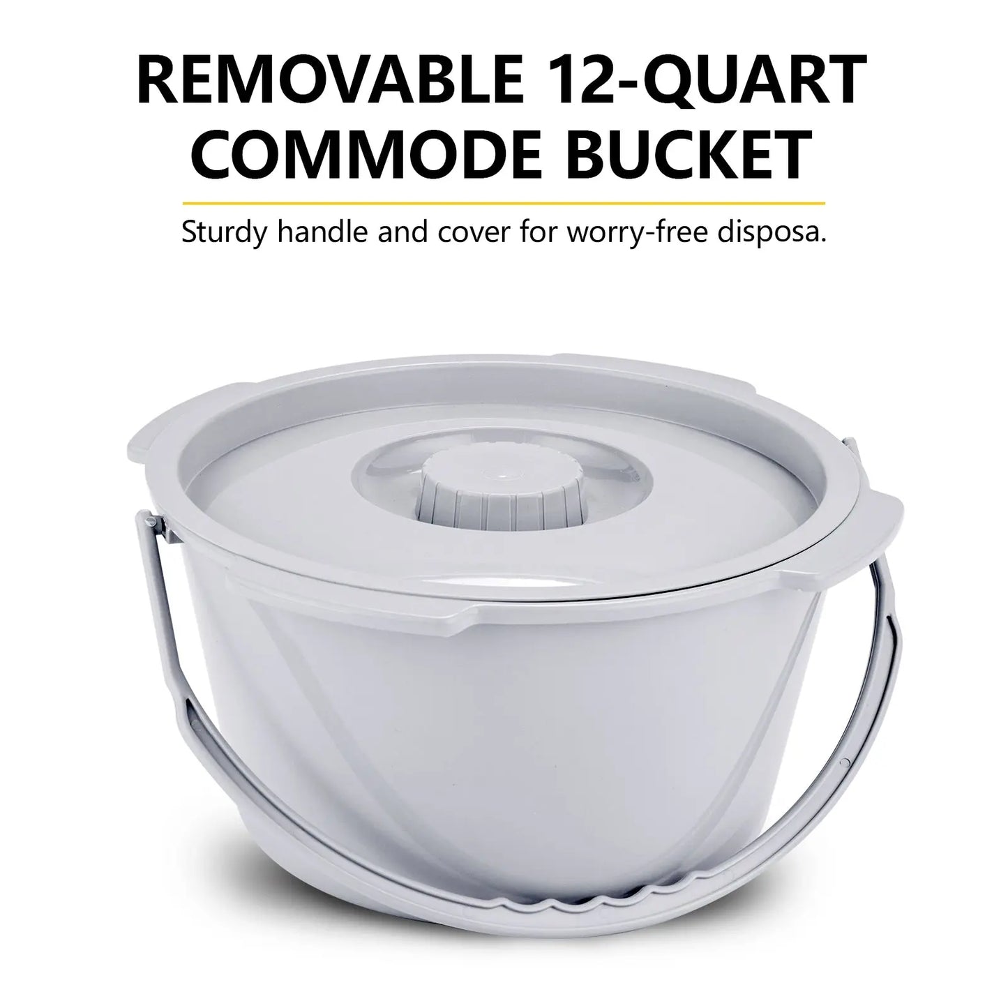 Removable Commode Bucket: A close-up of the removable bucket with a lid and handle, emphasizing its practicality for easy disposal.