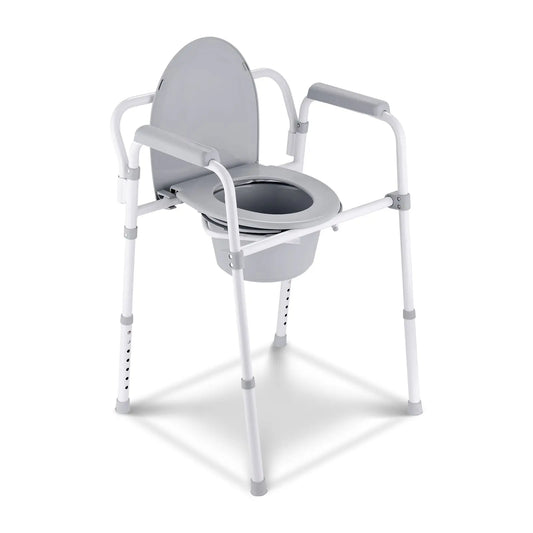 Image of a white, foldable frame commode chair on a plain background, highlighting the seat and open lid.