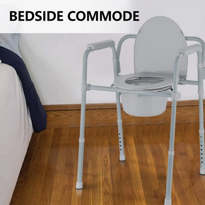 Bedside Placement of Commode Chair: The commode chair positioned next to a bed, demonstrating its utility in a typical home setting.