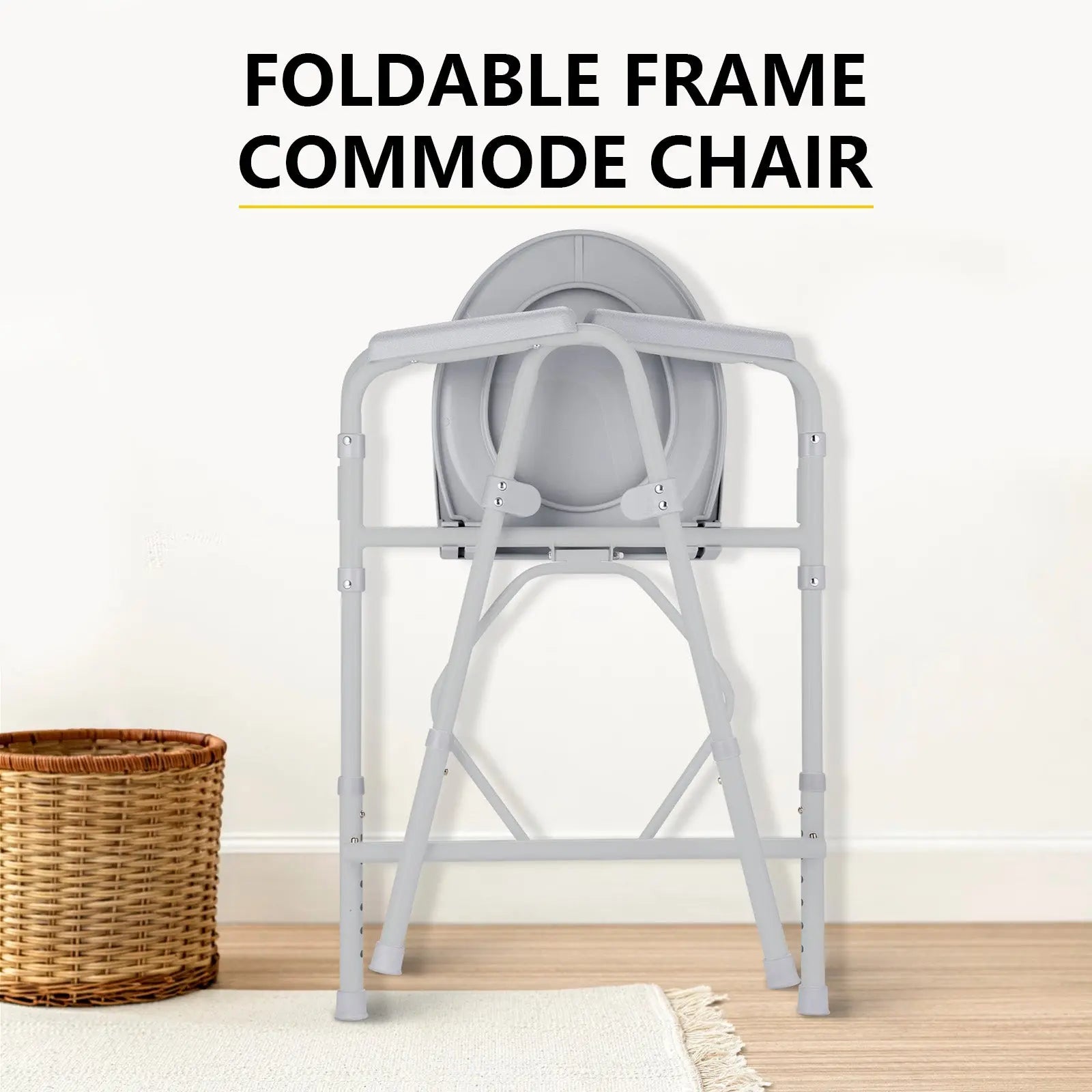 Foldable Frame Commode Chair: A commode chair showcased in a folded position to highlight its compact storage capability, placed against a plain background.