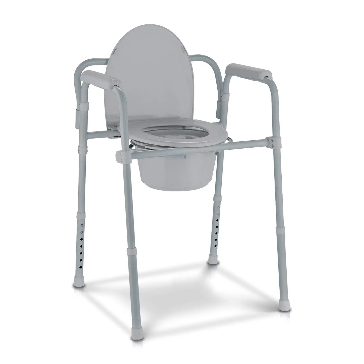 Front View of Foldable Commode Chair: A white commode chair with adjustable legs and a removable seat