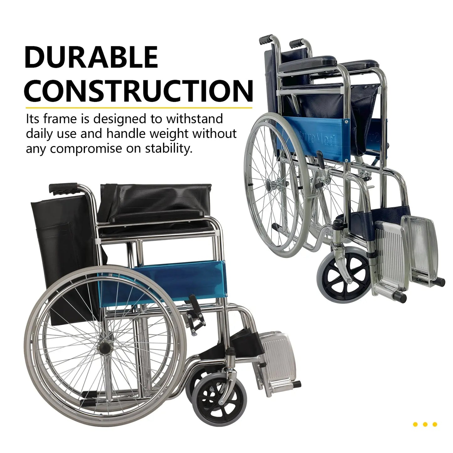 The wheelchair is displayed from multiple angles, showcasing its durable construction.