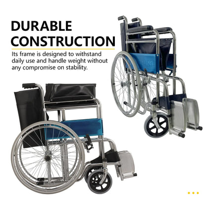 The wheelchair is displayed from multiple angles, showcasing its durable construction.