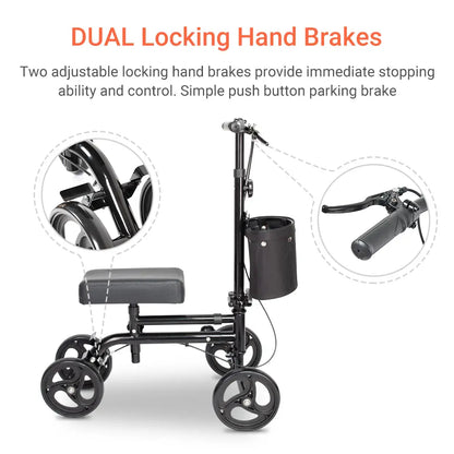 Safety Features: Highlights the dual locking hand brakes of the knee scooter, emphasizing the safety controls available for stopping and parking the scooter.