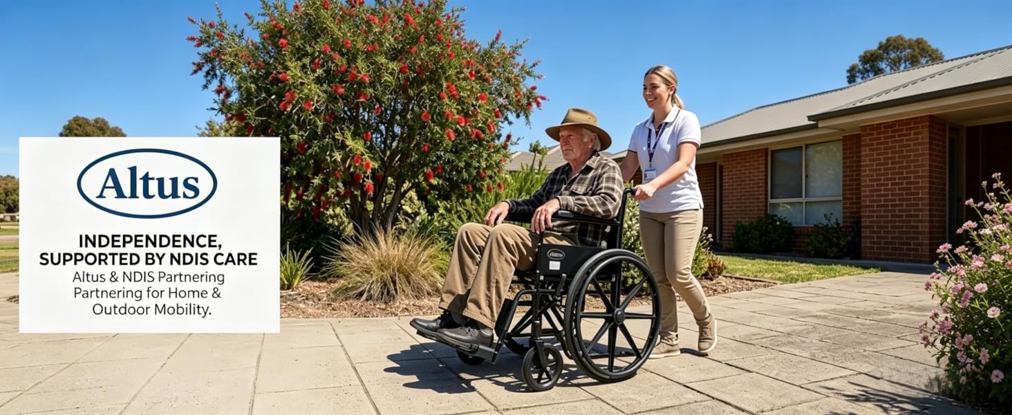 Person using a wheelchair being pushed by a caregiver with Altus logo in the corner.