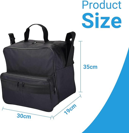 Black backpack with measurements on a white background