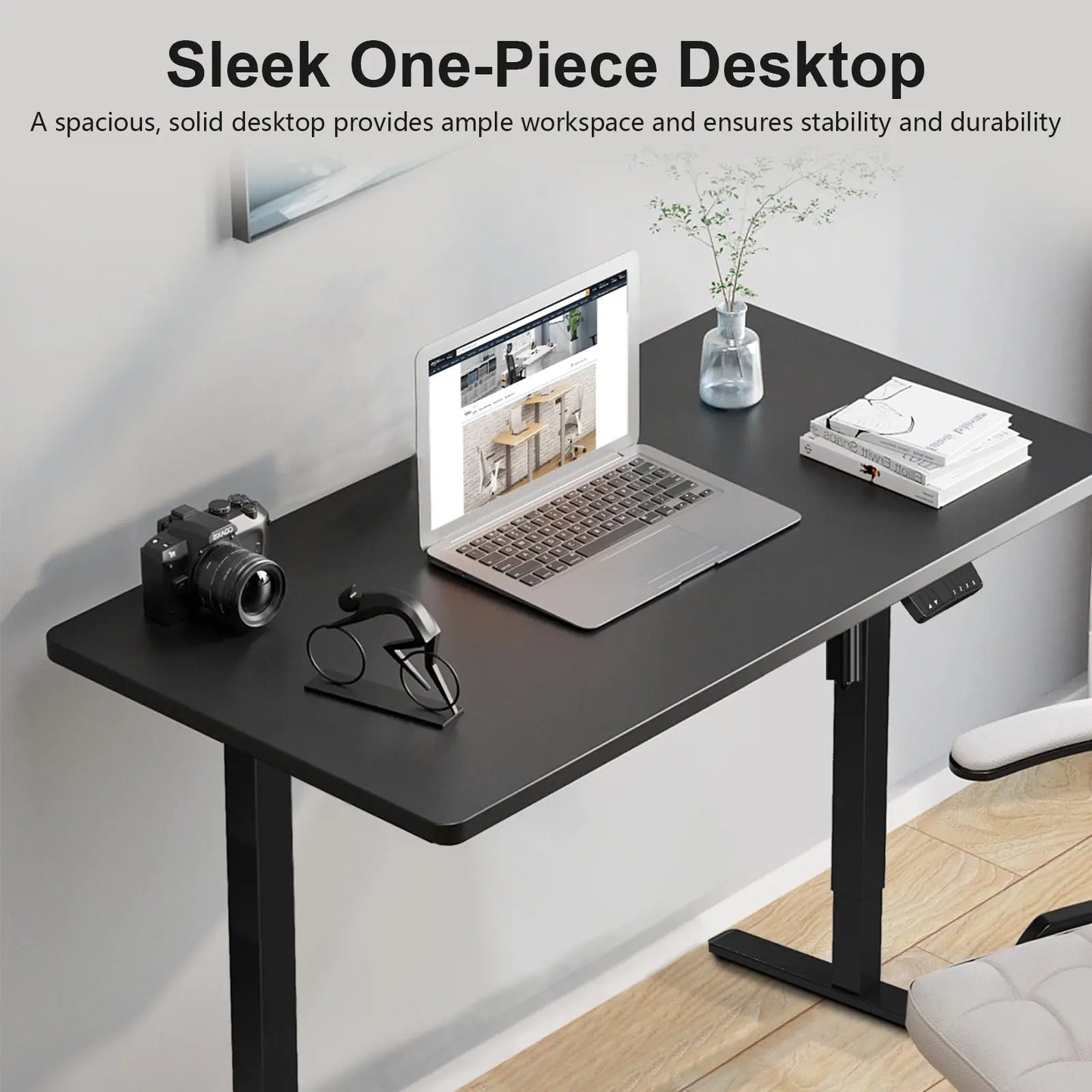 Side view of black motorized desk with precise height, width, and depth dimensions for spatial planning.