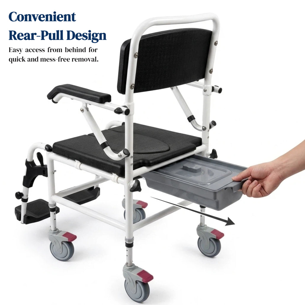 "* **Image 6: Convenient Rear Pull Commode Pan**
  Product infographic showing the convenient rear slide-out commode pan design of the Altus Transit Shower Commode for quick removal from behind."