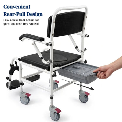 "* **Image 6: Convenient Rear Pull Commode Pan**
  Product infographic showing the convenient rear slide-out commode pan design of the Altus Transit Shower Commode for quick removal from behind."
